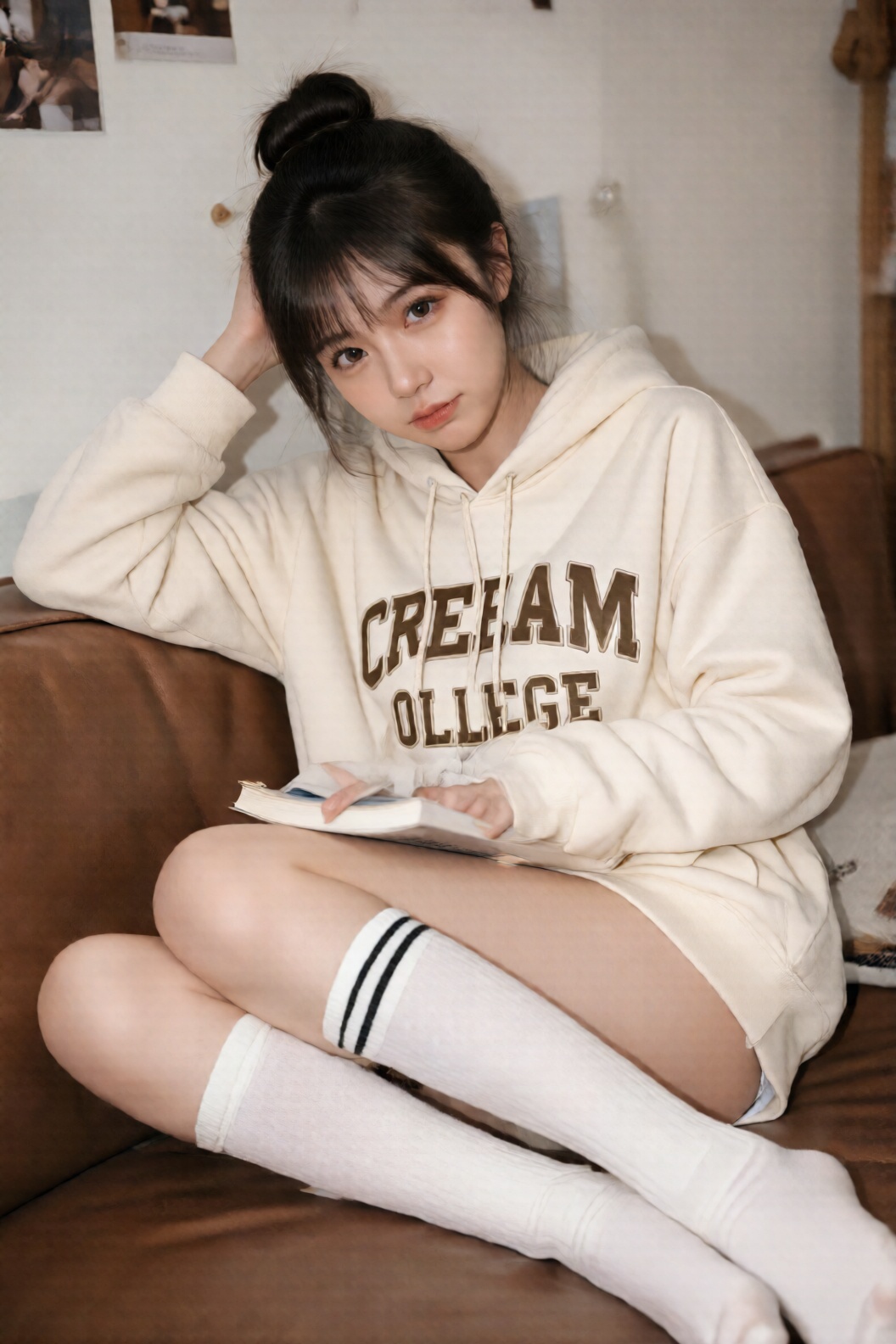 Photograph of an Asian woman with fair skin and dark hair in a bun,  sitting on a brown leather couch. She wears a cream-c...