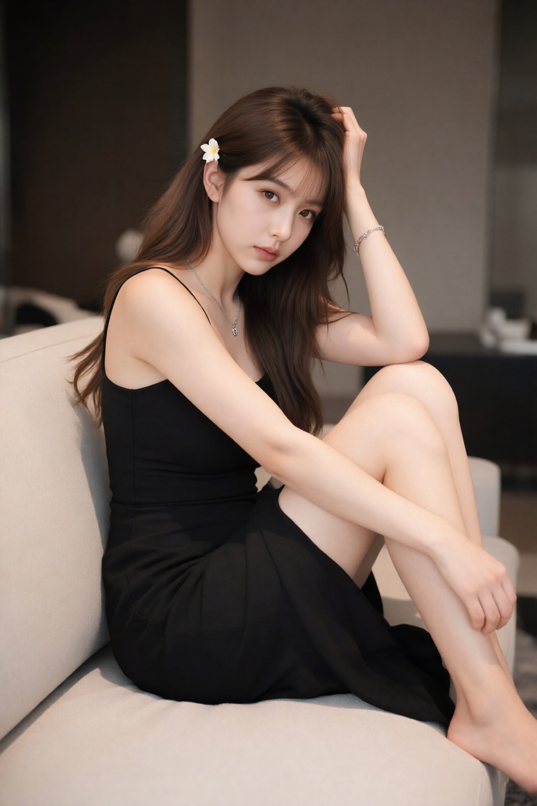 a photo-realistic shoot from the side about a young woman sitting on a couch,  wearing a black sleeveless dress and a neck...