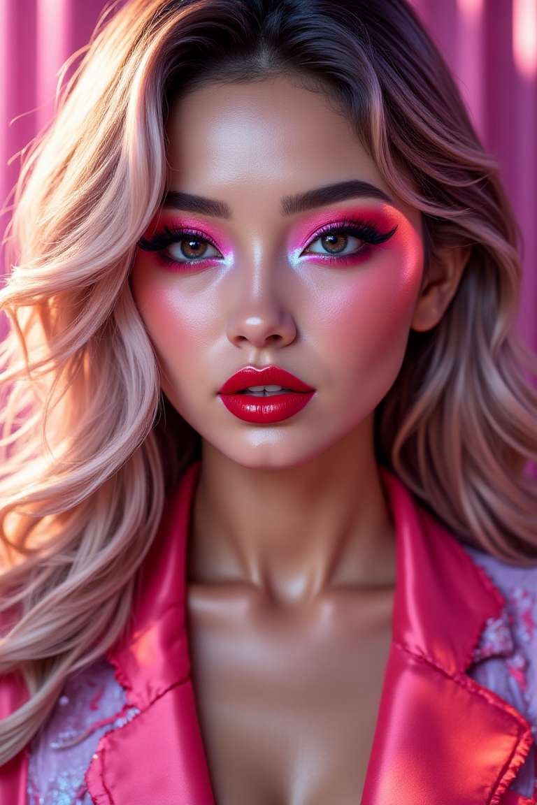 Ethereal beauty photoshoot of a glamorous young woman with bold and vibrant makeup,  shimmering eyeshadow in bright neon c...