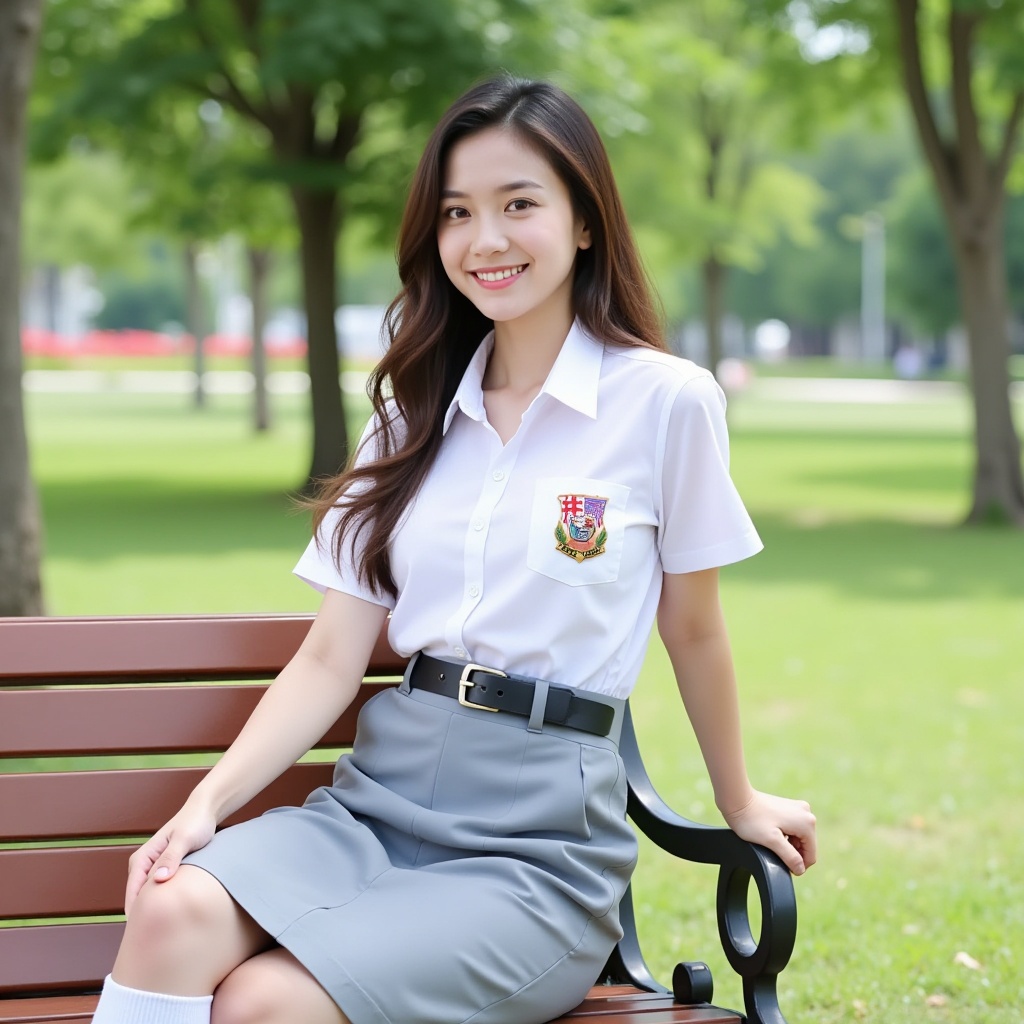A medium full-body portrait shot captured at eye-level of a beautiful 17-year-old Chinese woman with a proportional build,...