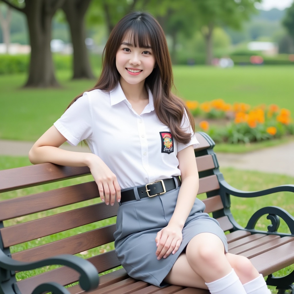 A medium full-body portrait shot captured at eye-level of a beautiful 17-year-old Chinese woman with a proportional build,...