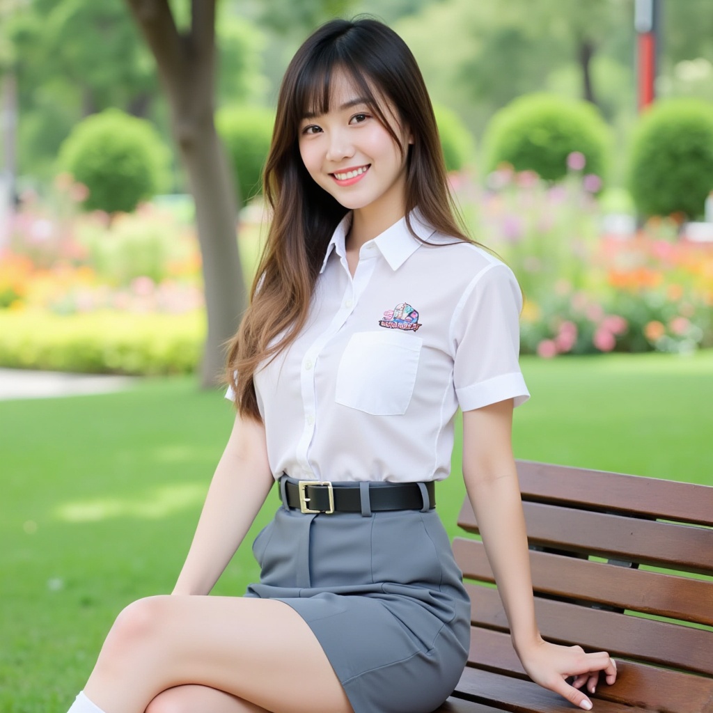 A medium full-body portrait shot captured at eye-level of a beautiful 17-year-old Chinese woman with a proportional build,...