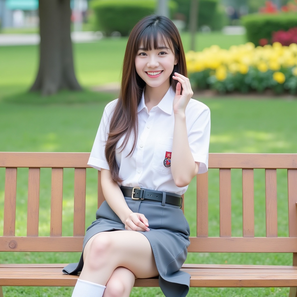 A medium full-body portrait shot captured at eye-level of a beautiful 17-year-old Chinese woman with a proportional build,...