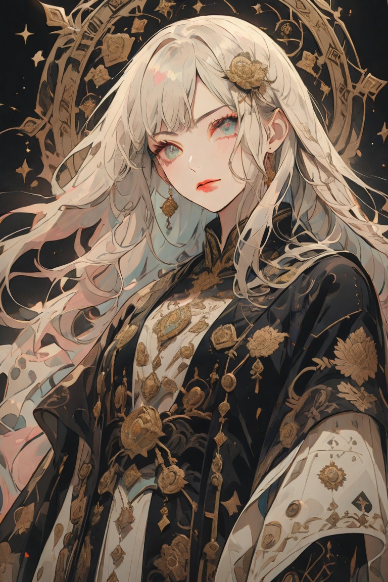 Create a shojo-style enchantress character surrounded by magical motifs,  with long flowing hair and eyes that sparkle wit...