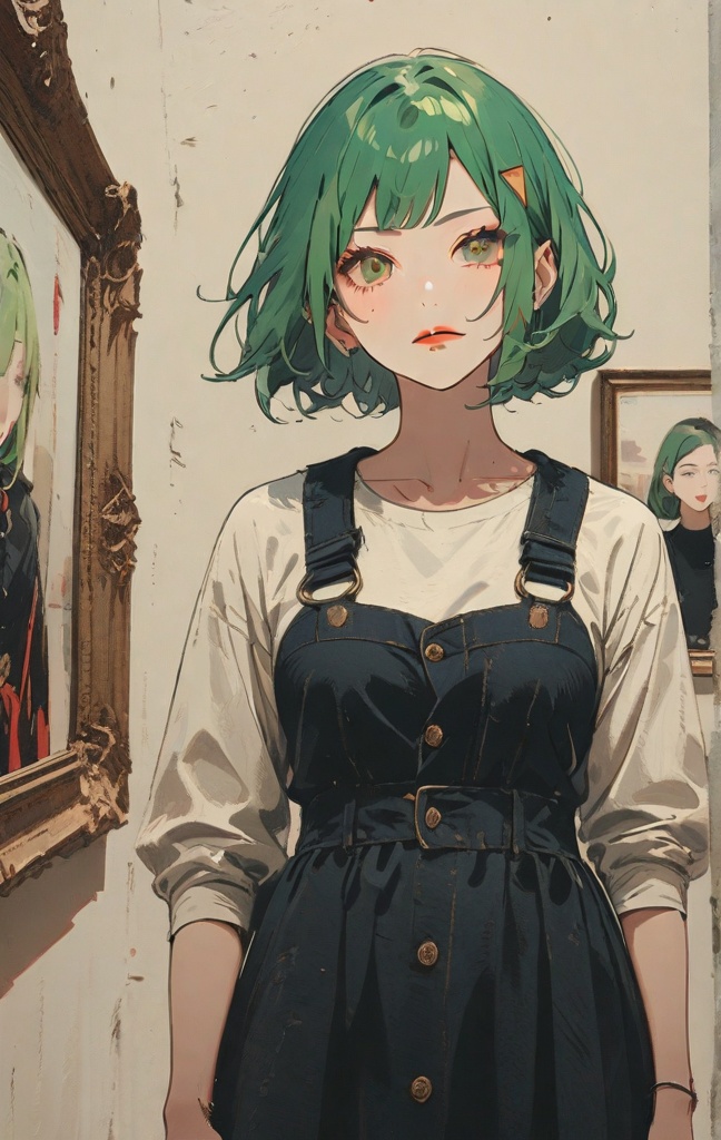 a green hair girl holding a sign that says "Saika" in an art gallery on Tensor.Art