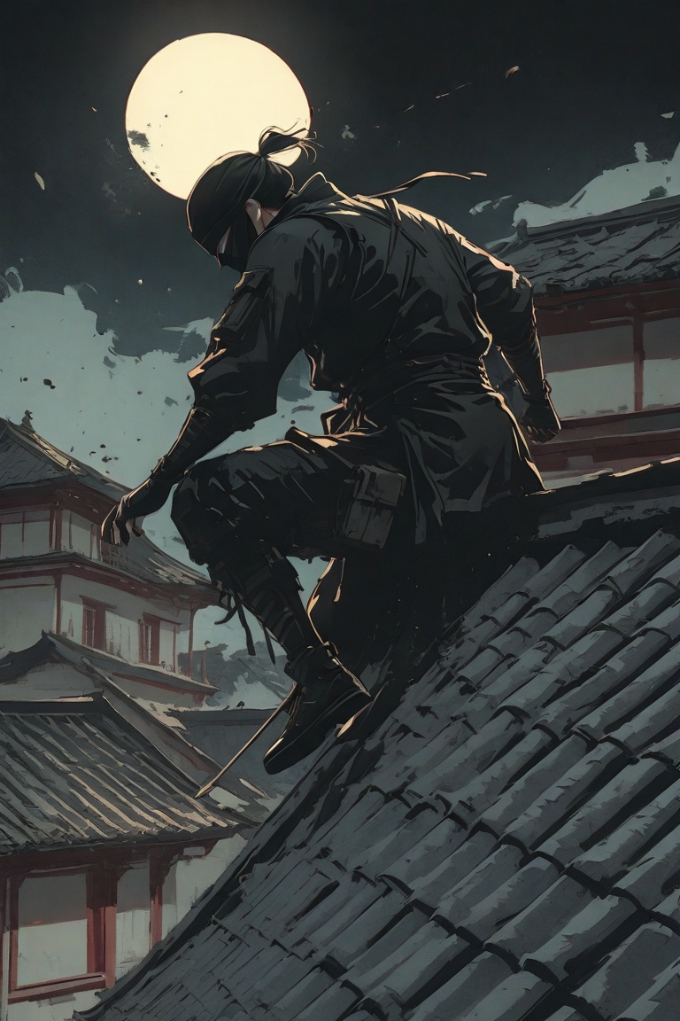Create a tense scene of a ninja on a stealth mission,  darting across rooftops under the moonlight,  with dynamic shadows...