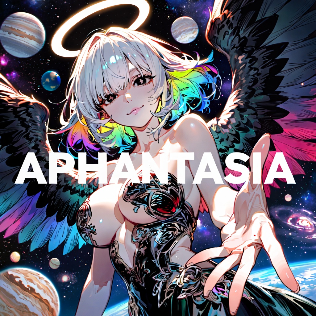 medium shot,  dutch angle,  white big elegant text "APHANTASIA" with black outline on center on Tensor.Art
