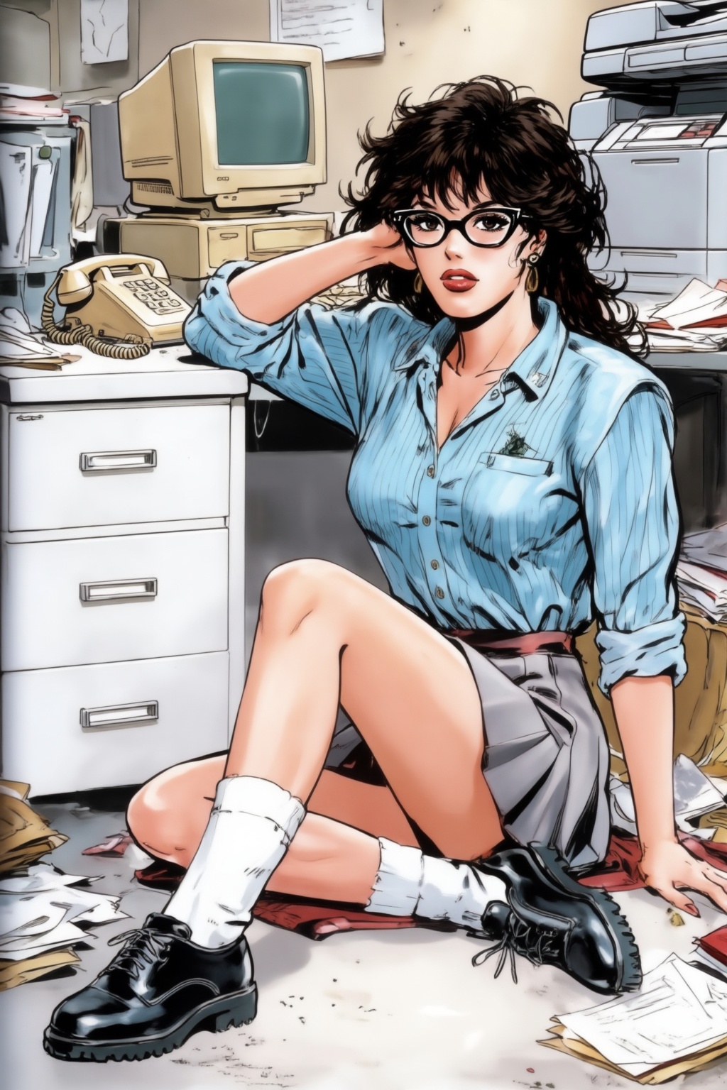 juanzanotto11z25 illustration. Young woman with voluminous,  messy dark curls and black cat-eye glasses,  sitting on the f...