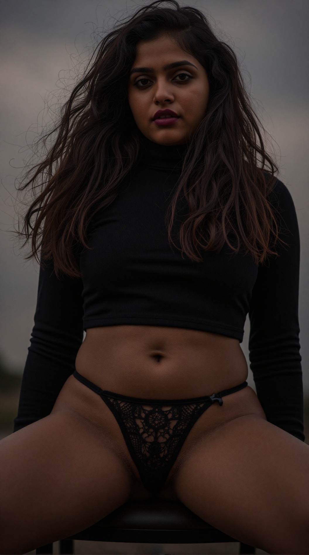 A hauntingly beautiful photograph of a young indian woman with long,  tousled dark hair,  maroon lipstick on Tensor.Art