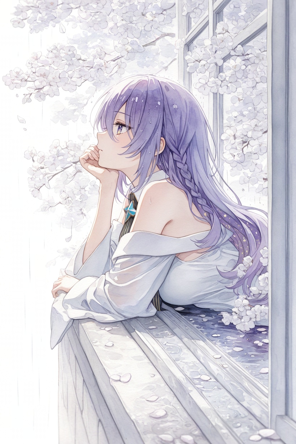 best quality, intricate details,,(white theme),(watercolor \(medium\):1.5),foreshortening,forced perspective,narrative formation,
(through medium),,(very wide shot:1.2),(negative space:1.5),
1girl,moona hoshinova,purple hair, long hair, purple eyes, (detailed eyes:1.2), white collar, black necktie, off shoulder,detached sleeves, long sleeves,wide sleeves, 
looking up,braid, lonely,thinking,
sitting,hand rest,head on hand,leaning sideways,leaning on,
from side,profile, face focus,,
rain, rain on window, window frame, white frame,spring \(season\), petals on liquid, 
white background, simple background,