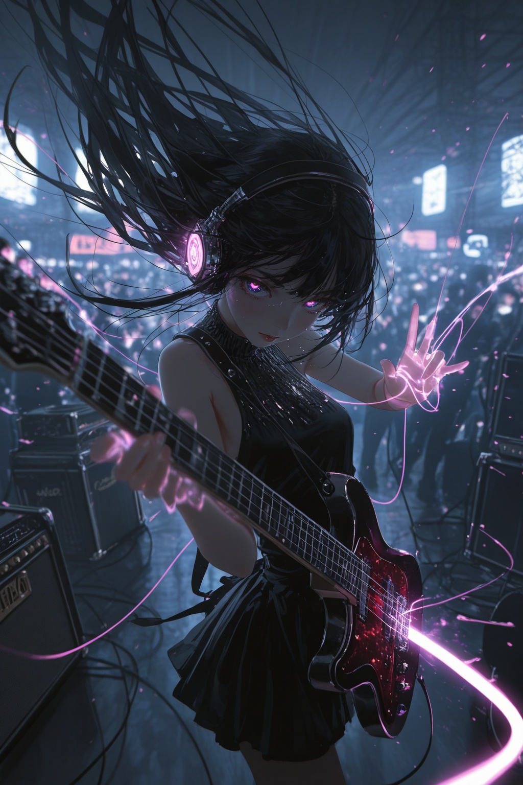 masterpiece, best quality, ultra-detailed, highres, cinematic lighting, soft lighting, beautiful detailed eyes, (EyesHD:1.2), BREAK (rella:1.2), (redum4:1.2) (au \(d elete\):1.2) (dino \(dinoartforame\):1.1), wlop, cinematic, epic, BREAK high contrast,dramatic shadows, BREAK 1girl, solo, dreamy eyes, black hair with streaks, sleeveless top, headphones, electric guitar, amplifier, glowing strings, standing pose, strumming gesture, scattered music sheets, neon lights, smoky stage, crowd blurred
,cinematic composition, ,, fluid motion, dynamic pose, natural movement, flowing hair and clothes, wind effect, motion blur, subtle speed lines, graceful action, tilted angle, foreshortening, expressive body language, cinematic composition, soft dynamic lighting, vibrant colors, anime illustration style