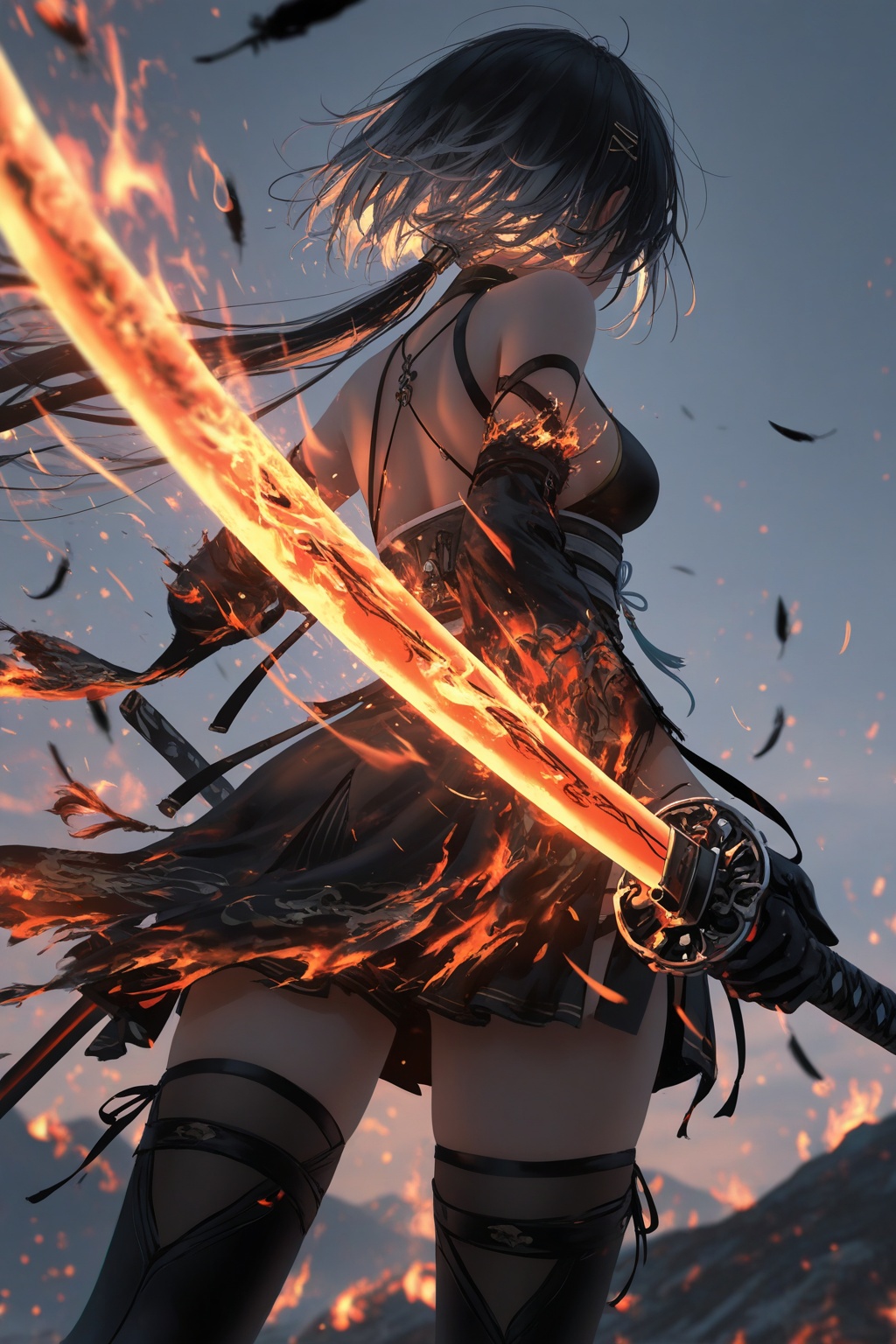 chromatic aberration, game cg, wlop, rella, depth of field, from behind, female rover \(wuthering waves\), wuthering waves, 1girl, black hair, colored inner hair, long hair, two-tone hair, grey hair, low ponytail, hairclip, burning clothes, black dress, black gloves, bare shoulders, thighhighs, holding, holding sword, katana, glowing sword, flame_sword, fiery aura, fiery hair, katana, sword, fiery sword, glowing sword, flames, fire,from behind, female rover \(wuthering waves\), cinematic, moody lighting, backlighting, falling feathers, fire, flames, burning feathers, highres, masterpiece, best quality, absurdres,, fluid motion, dynamic pose, natural movement, flowing hair and clothes, wind effect, motion blur, subtle speed lines, graceful action, tilted angle, foreshortening, expressive body language, cinematic composition, soft dynamic lighting, vibrant colors, anime illustration style
