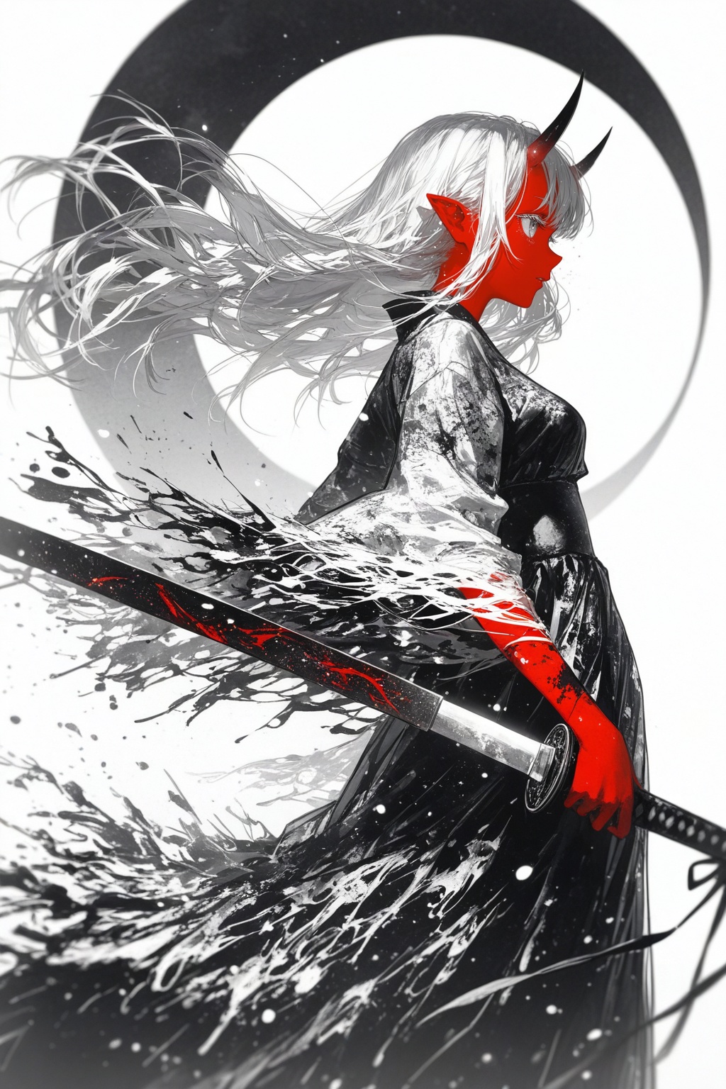 masterpiece, best quality, ultra-detailed, very aesthetic, depth of field, best lighting, detailed illustration, detailed background, cinematic,  beautiful face, beautiful eyes, 
ambient occlusion, raytracing, soft lighting, blum effect, masterpiece, absolutely eye-catching, intricate cinematic background, 
8K, illustrating, CG,
Aka-Oni, oni, (oni horns), colored skin, (red  skin:1.3), smooth horns, black horns, straight horns, mature, pointy ears, grey eyes
1girl, solo, silhouette, shadow, long hair, flowing hair, wind-blown hair, looking away, profile, side view, wearing long dress, tattered dress, billowing dress, holding katana, sword, long sword, crescent moon, large crescent moon, thin moon, white background, simple background, white void, monochrome, greyscale, black and white, high contrast, ink wash painting (style), sumi-e, watercolor (medium), ink splashes, splatters, disintegration effect, particles, minimalist, aesthetic,, 
(rella:1.2), (redum4:1.2) (au \(d elete\):1.2) (dino \(dinoartforame\):1.1), fully lips, dynamic emotion,
