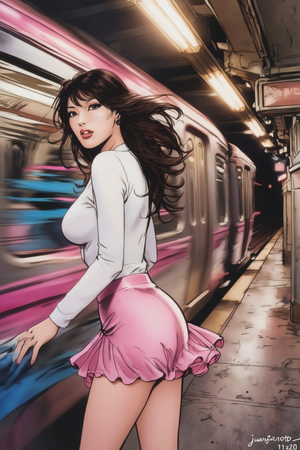 juanzanotto11z20 illustration. On the left is East Asian woman with long,  flowing dark hair,  wearing a white long-sleeve...