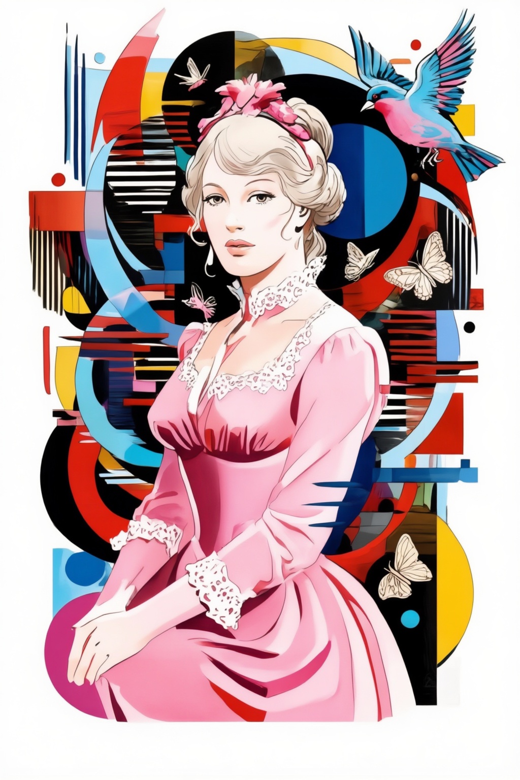 juanzanotto11z20 illustration. Medium shot of a young woman with light hair styled in an elegant updo,  featuring a serene...