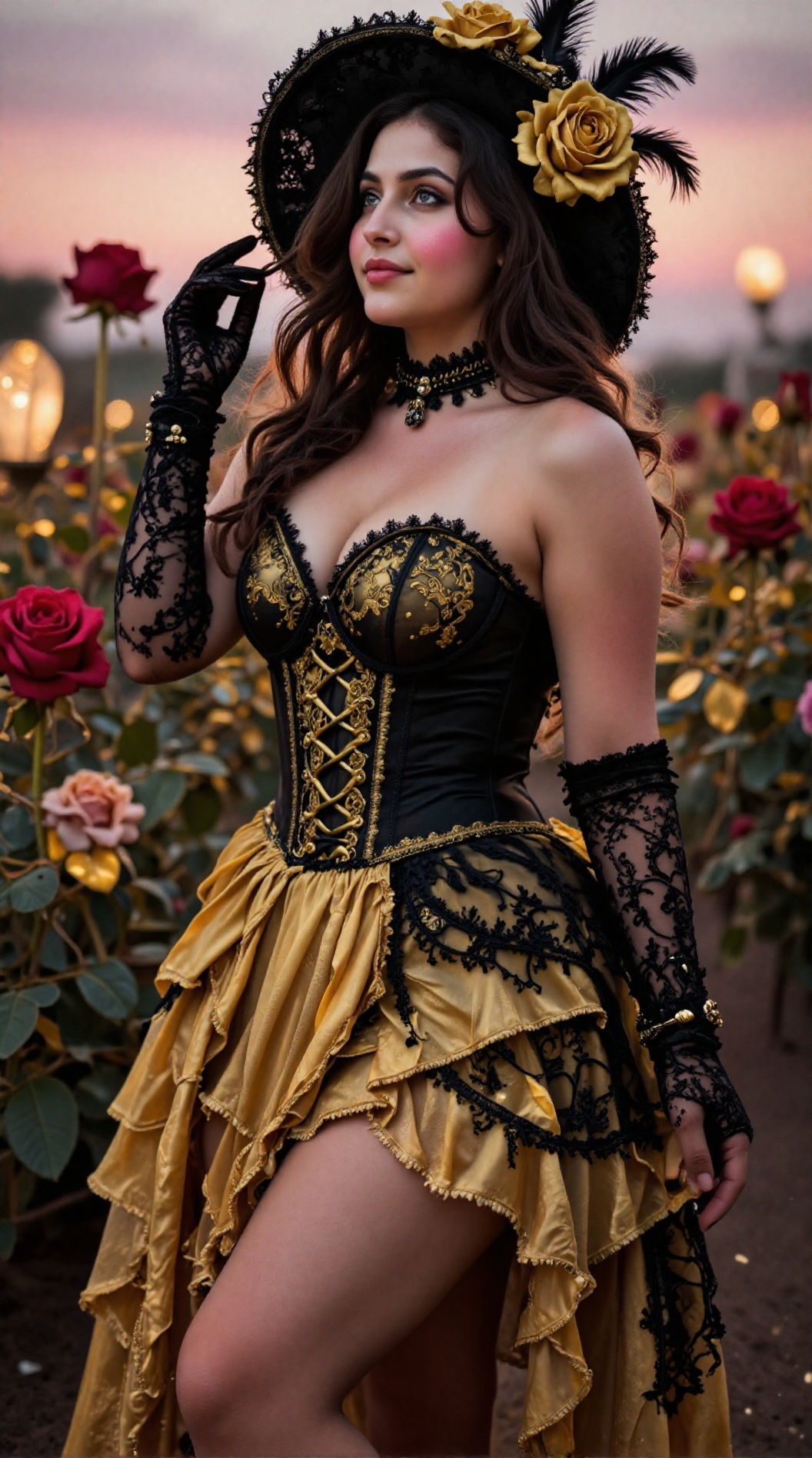 In a photorealistic image,  a 27-year-old woman of average build with soft alluring feminine curves stands in elegant thre...