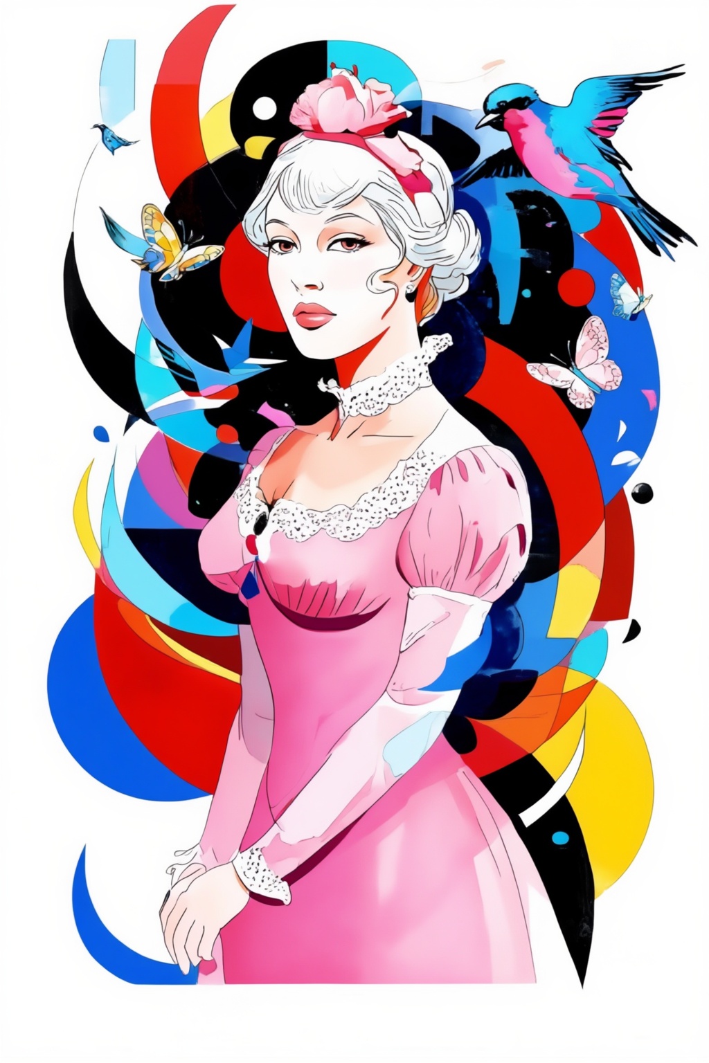 juanzanotto11z15 illustration. Medium shot of a young woman with light hair styled in an elegant updo,  featuring a serene...