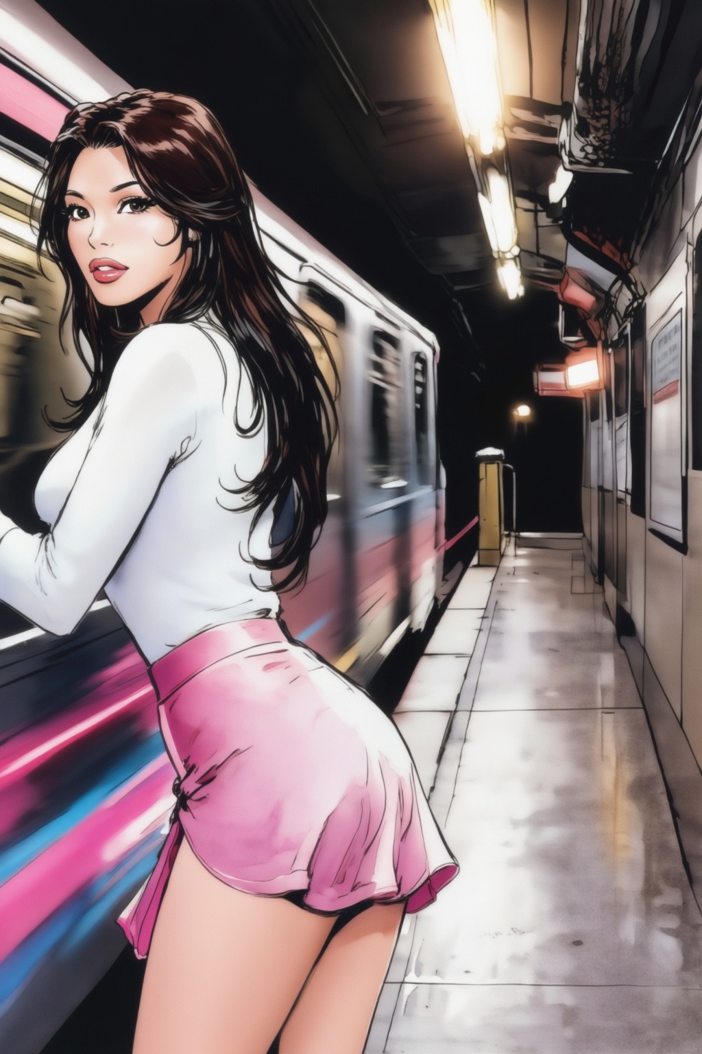 juanzanotto11z15 illustration. On the left is East Asian woman with long,  flowing dark hair,  wearing a white long-sleeve...