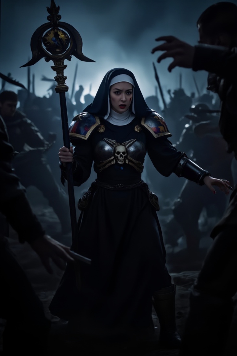 breathtaking ethereal RAW photo of female ((Battle Fury the Warrior Nun in the Fog of War Description From knees to head,...