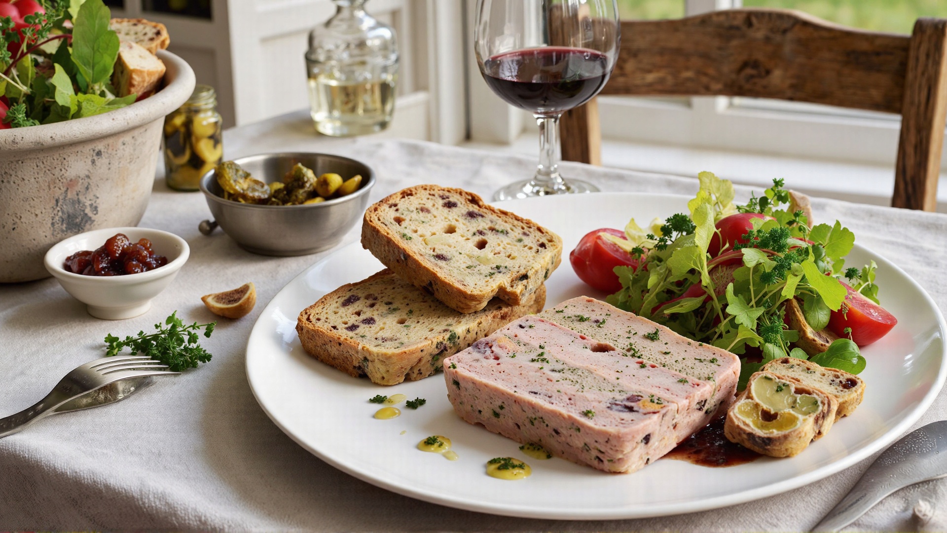 Rustic French countryside dining table with a ceramic plate of homemade terrine slices. Served with rustic country bread,...