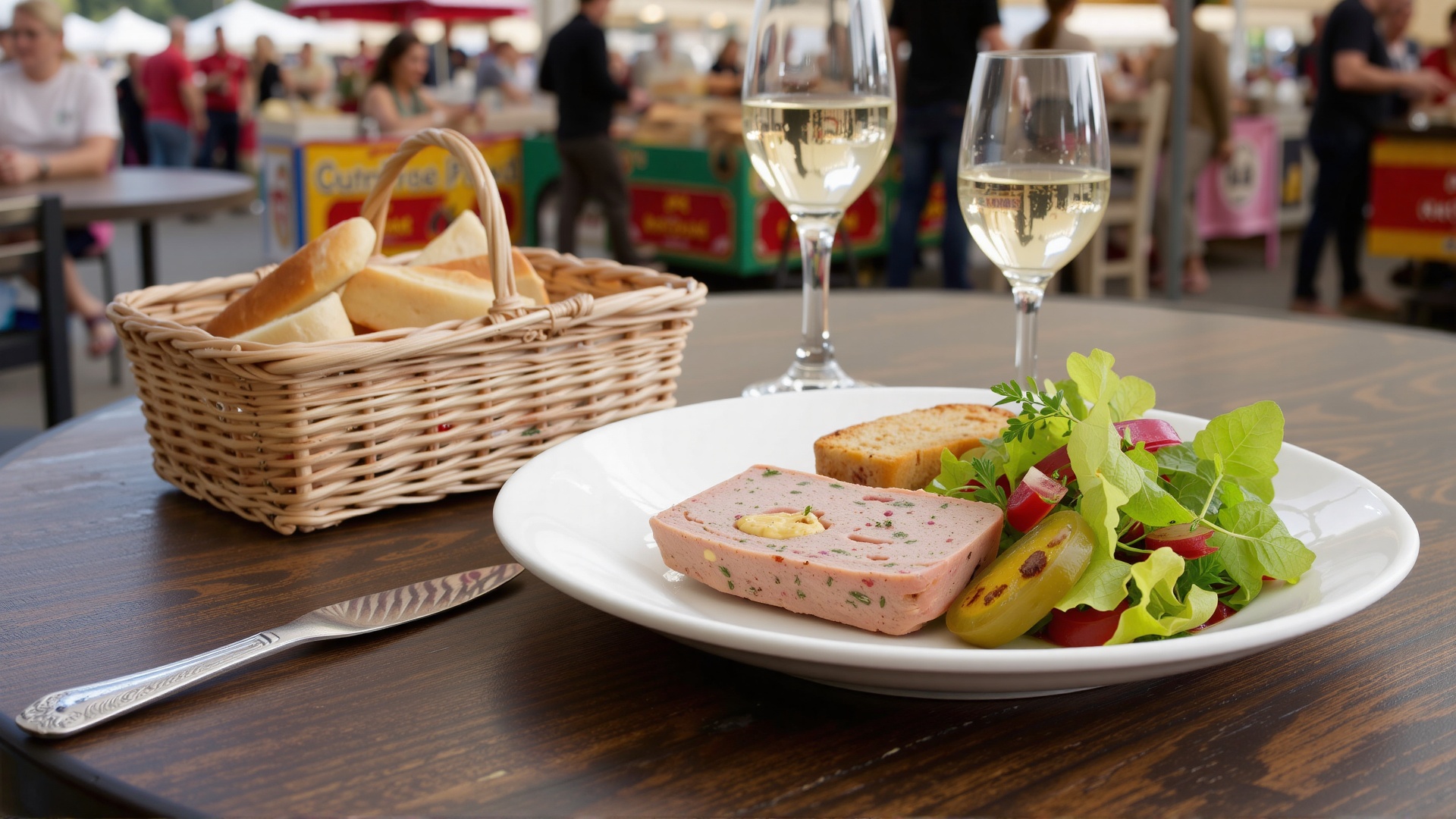 Terrine served on a wooden table at a French market bistro. Plate includes terrine slices,  mustard,  pickles on Tensor.Art