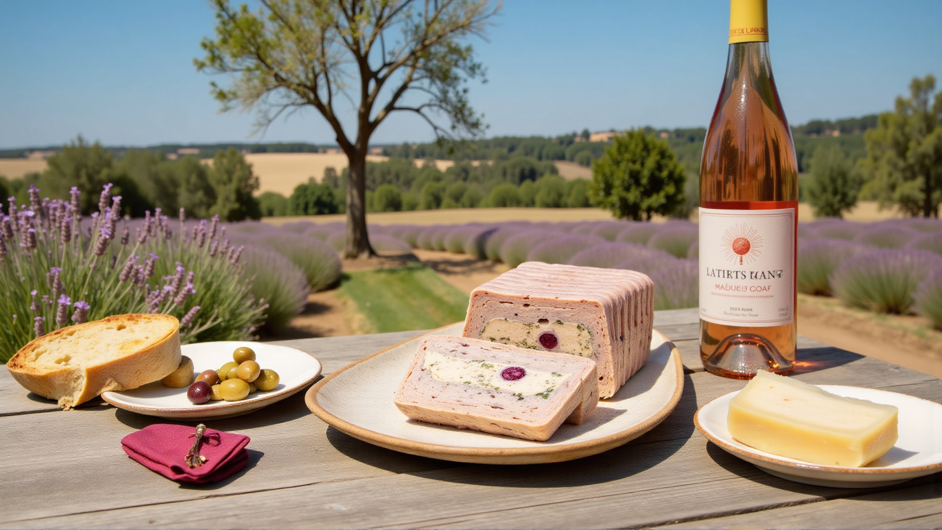 Outdoor Provençal picnic table with terrine slices served on a rustic ceramic plate. Accompanied by olives,  cheese,  bagu...