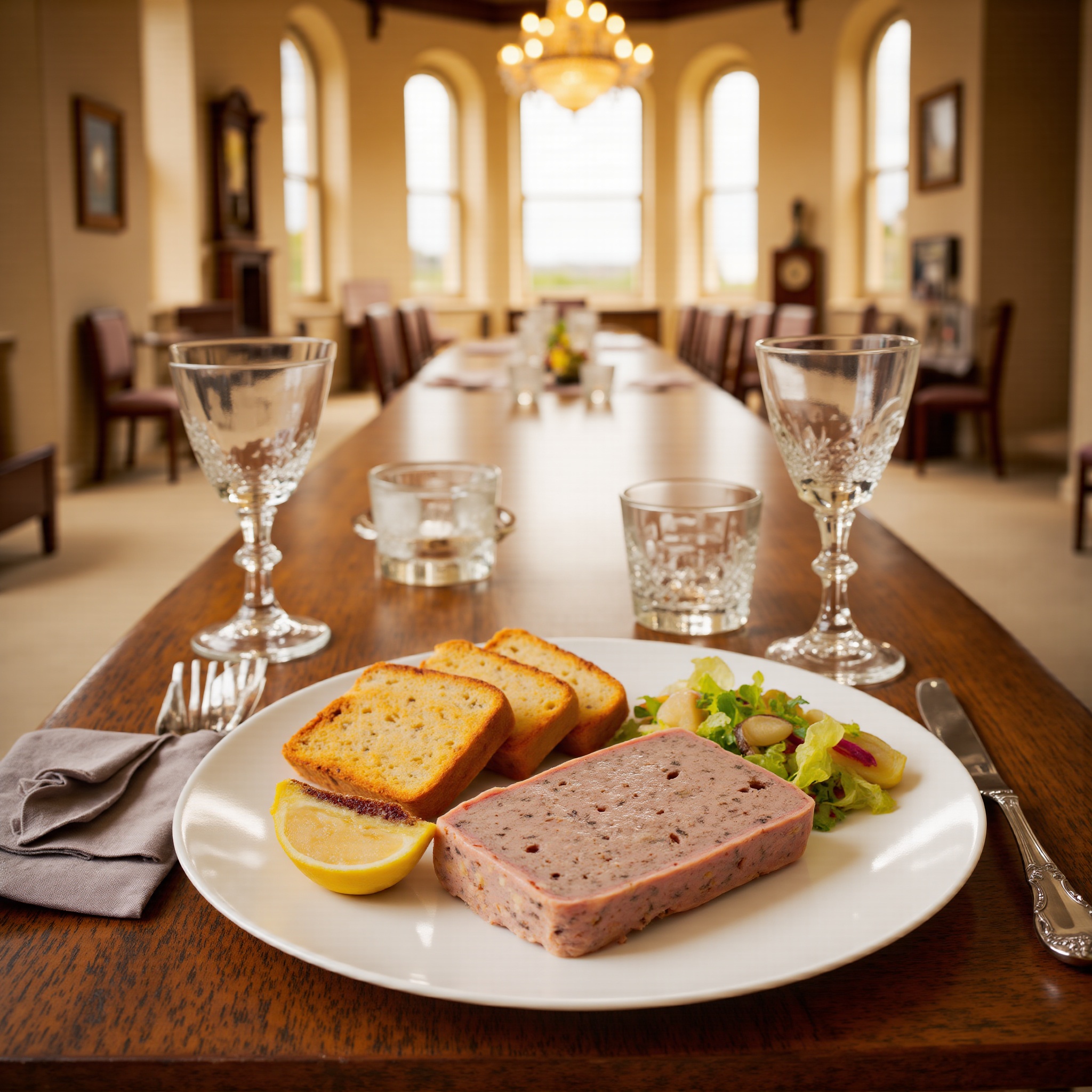 Ultra-realistic food photography of sliced French terrine served on an elegant porcelain plate placed on a long wooden din...