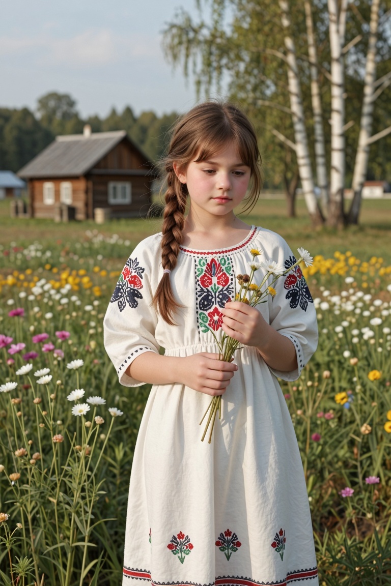 1 girl,  Laura B,  random young girl pose in traditional sundress standing in village. Background wooden hut on Tensor.Art