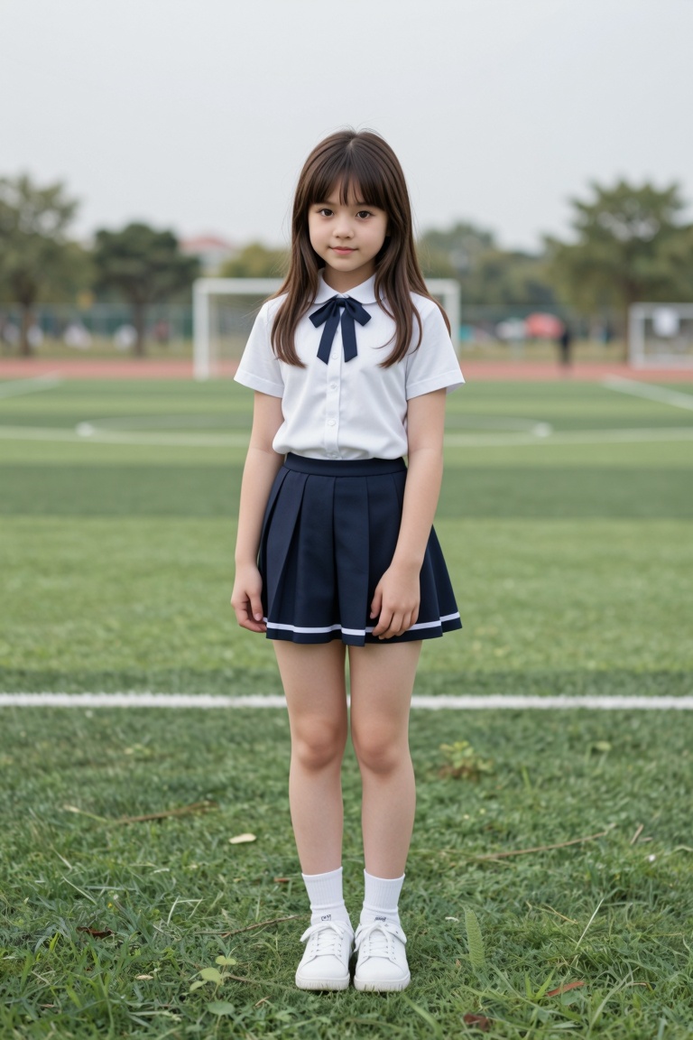 a 12 years old very young little girl Wrapped in school uniform,  latin little girl revealing her stylized legs and timidl...