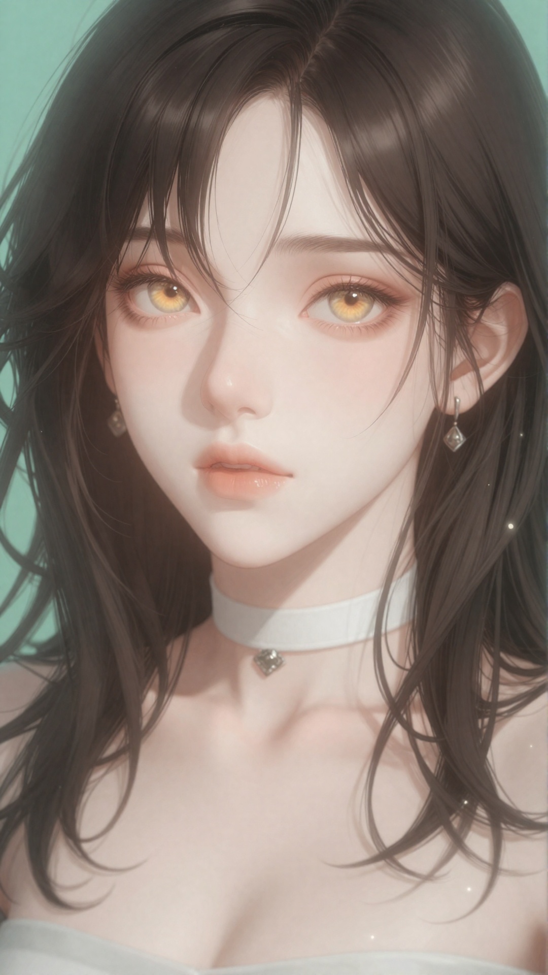 this is a digital anime-style portrait of a young woman with fair skin and delicate features,  she has large,  amber-color...