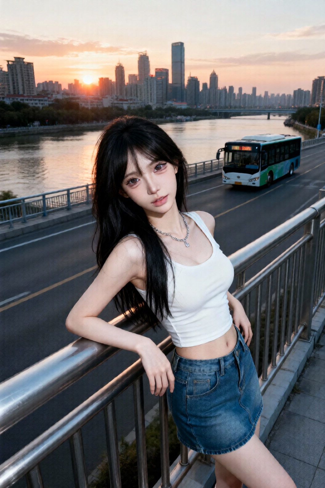 a photo-realistic shoot from a side camera angle about a young woman posing confidently on a bridge over a river with a ci...