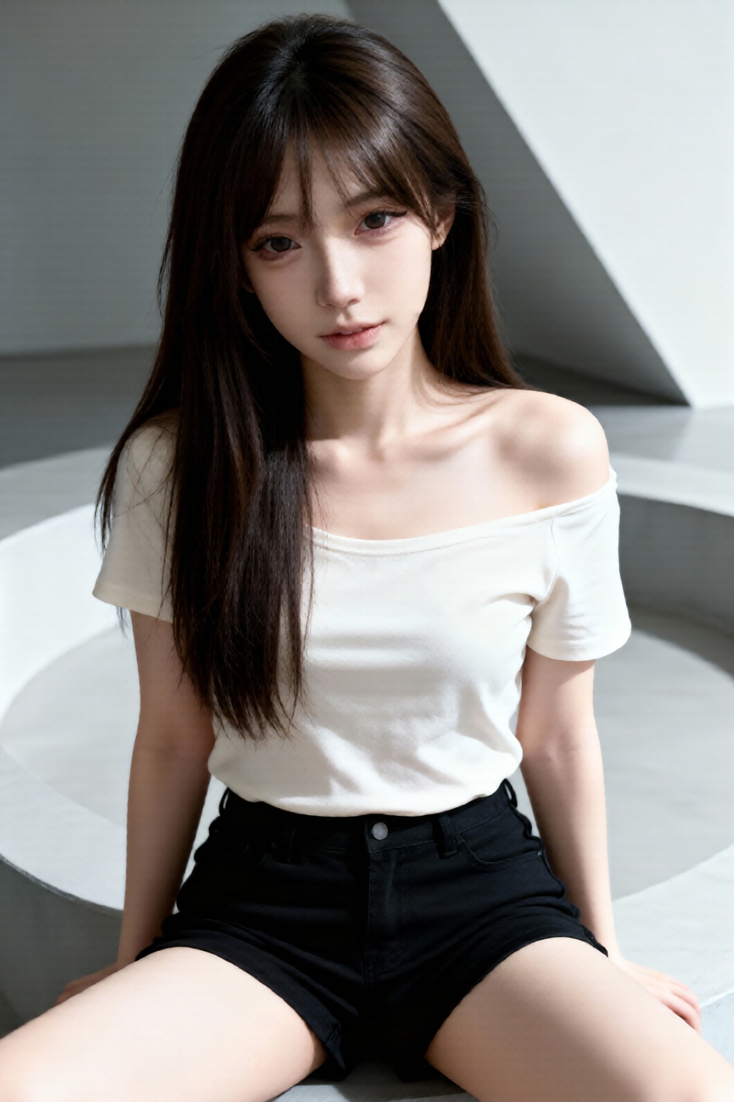 a photo-realistic shoot from the front about a young woman sitting on a curved surface,  wearing a white off-shoulder top...