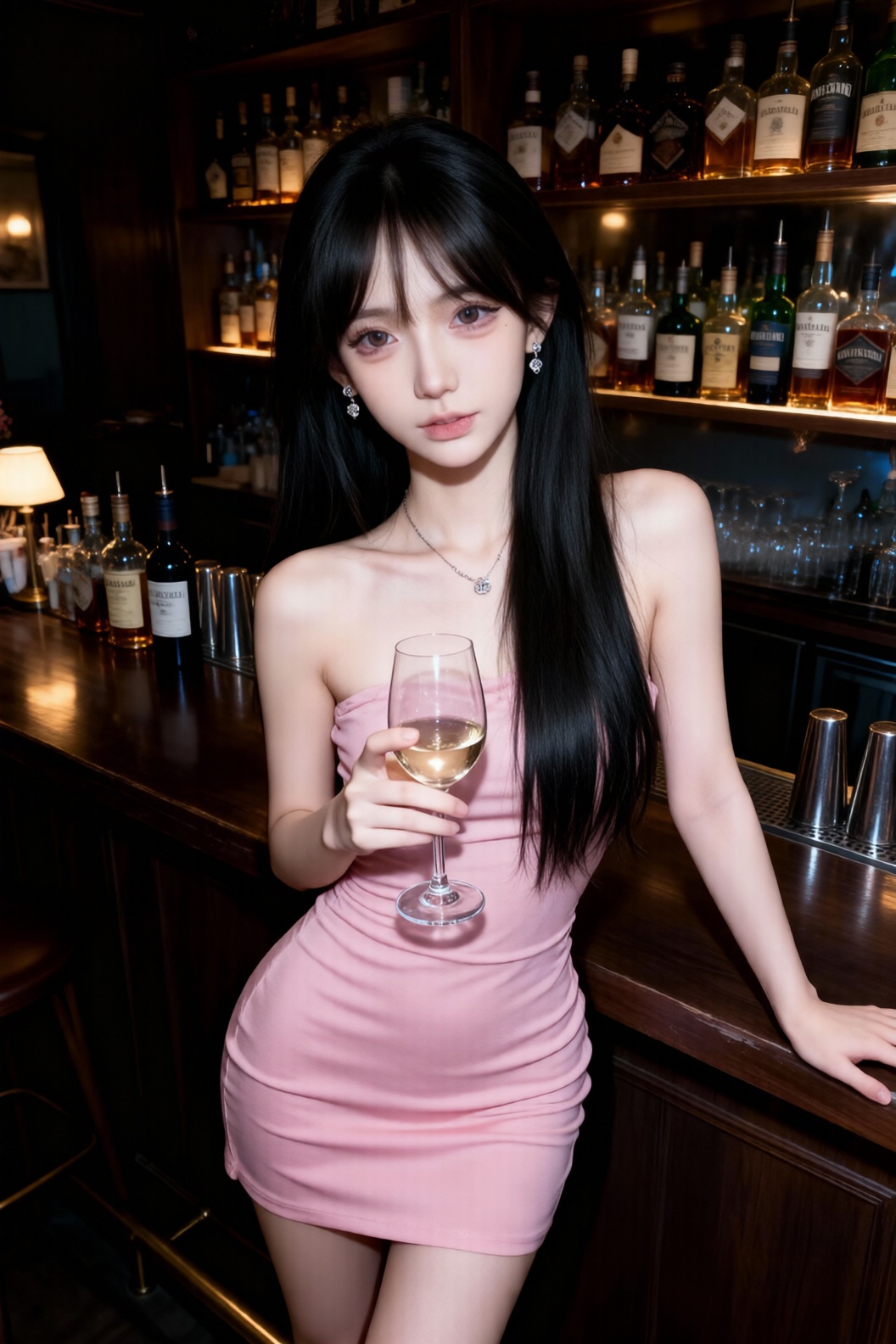 a photo-realistic shoot from a front camera angle about a young woman standing at a bar,  holding a glass of wine,  wearin...