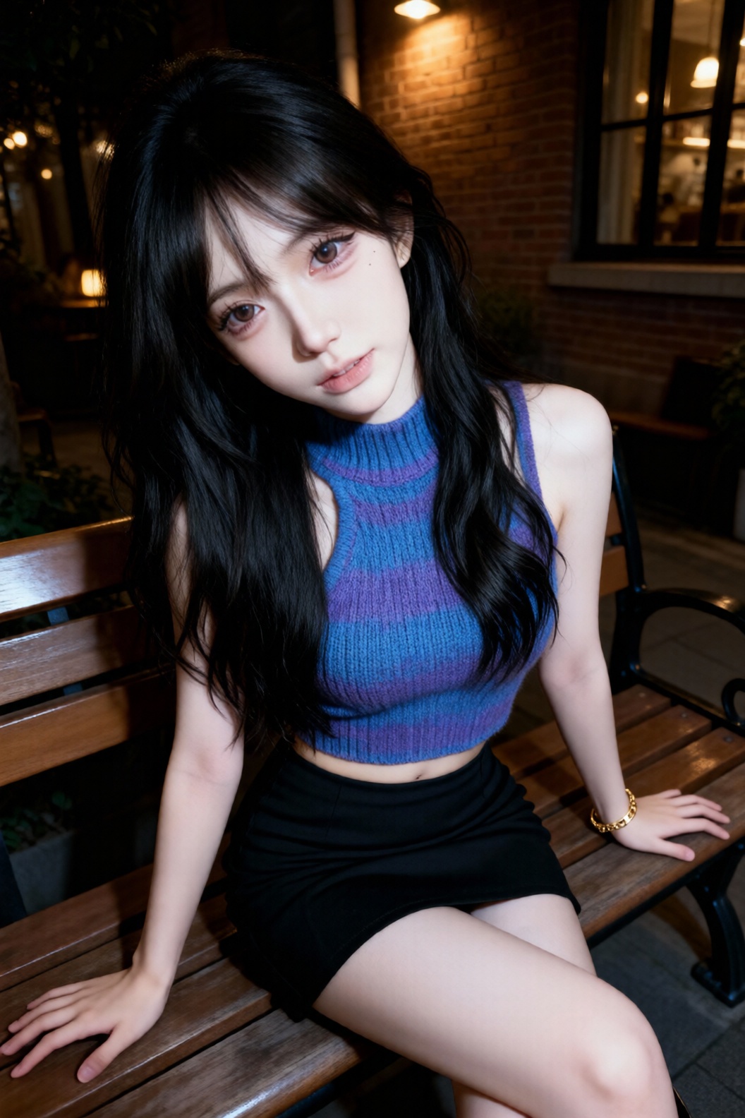 a photo-realistic shoot from a front camera angle about a young woman sitting on a wooden bench in a dimly lit outdoor set...