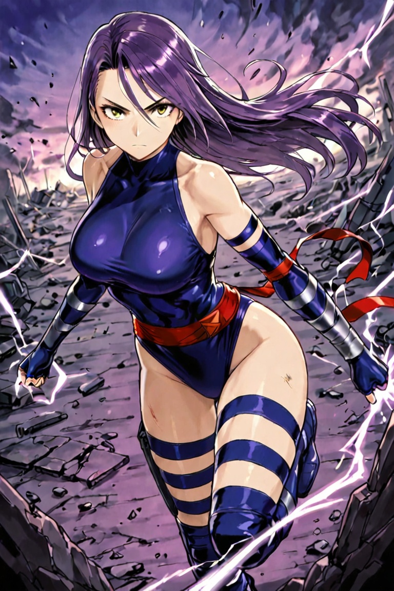Create a vivid scene featuring a lone girl who is Psylocke,  with long,  flowing hair and wearing a combat suit in a purpl...