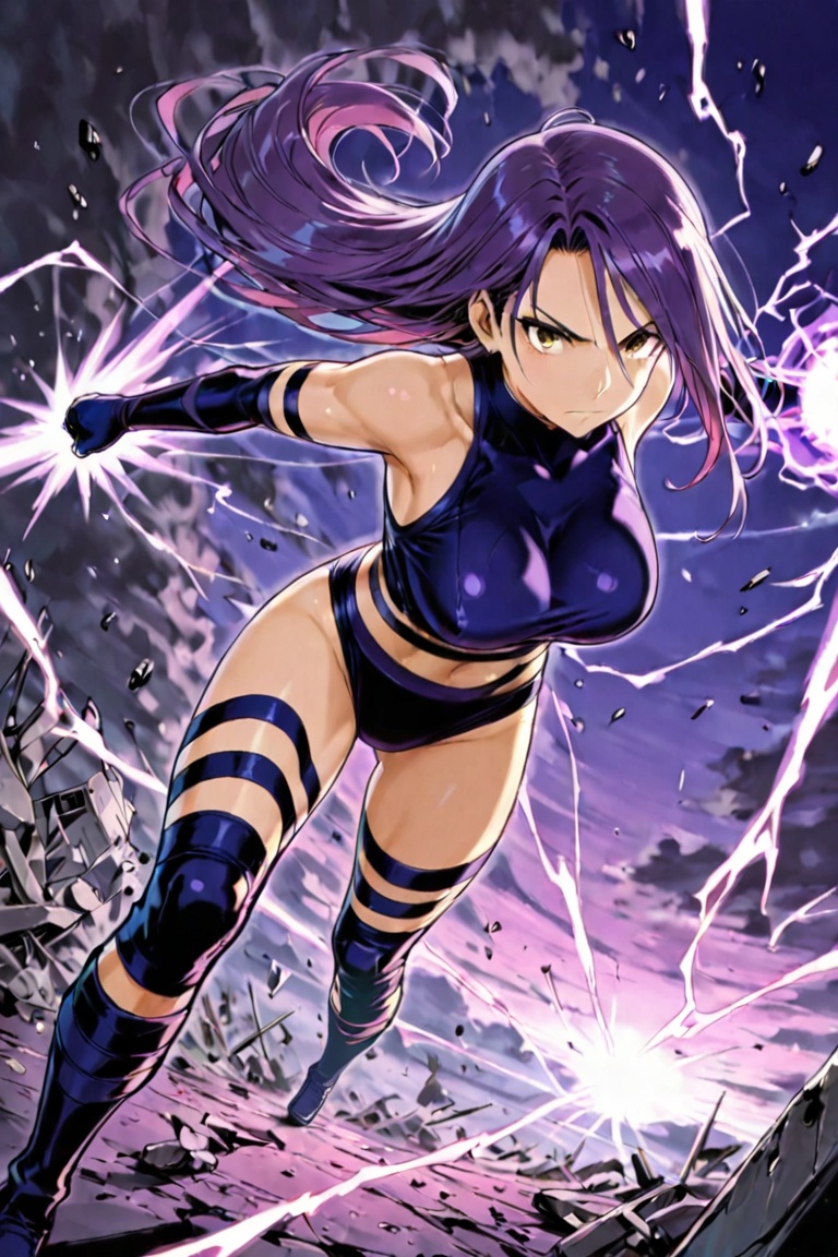 Create a vivid scene featuring a lone girl who is Psylocke,  with long,  flowing hair and wearing a combat suit in a purpl...