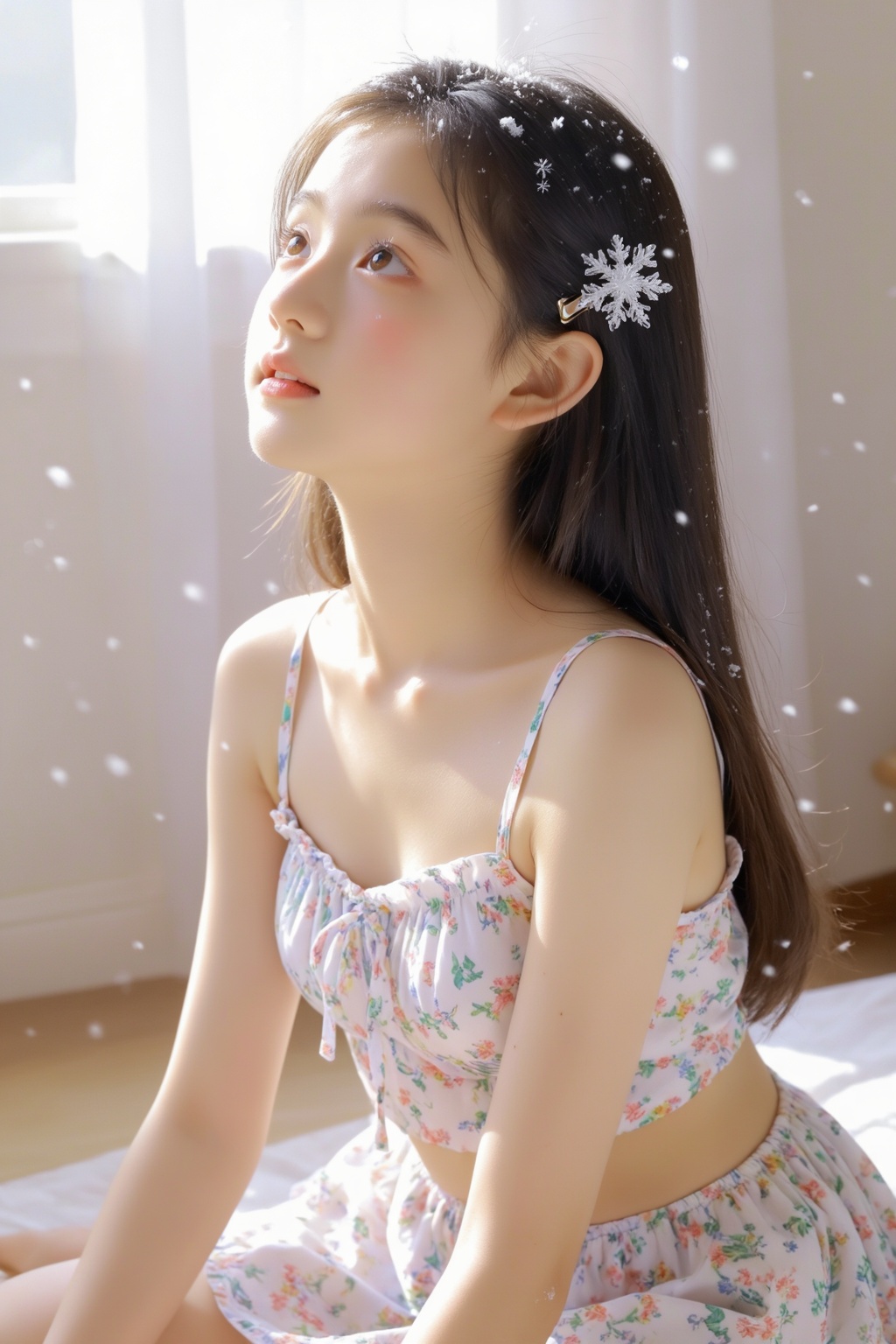 David Hamilton photography,  15-year-old East Asian Chinese girl,  long black hair with snowflake hairpin on Tensor.Art