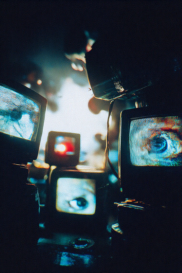 glitch. stylized image. A towering,  irregular stack of vintage cathode-ray tube (CRT) monitors dominates a pitch-black in...