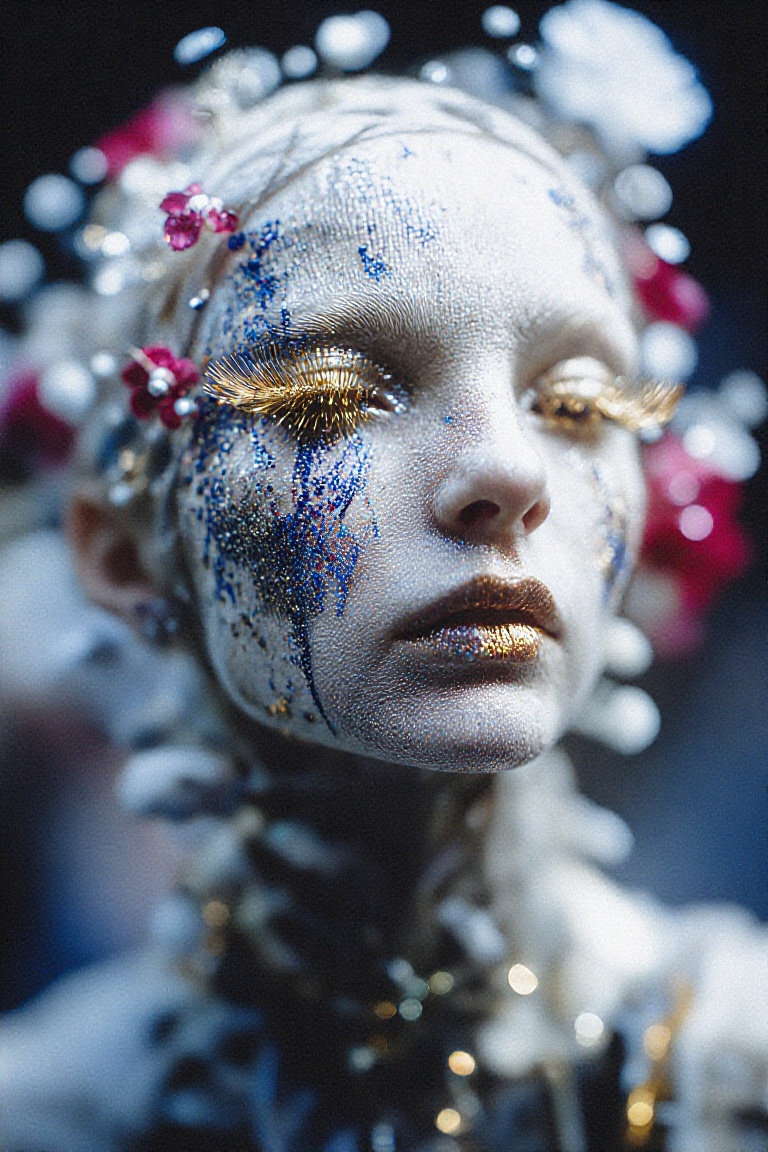 Highly detailed woman with gold mascara and gold lipstick,  pale face,  blue glitter sparkle on Tensor.Art