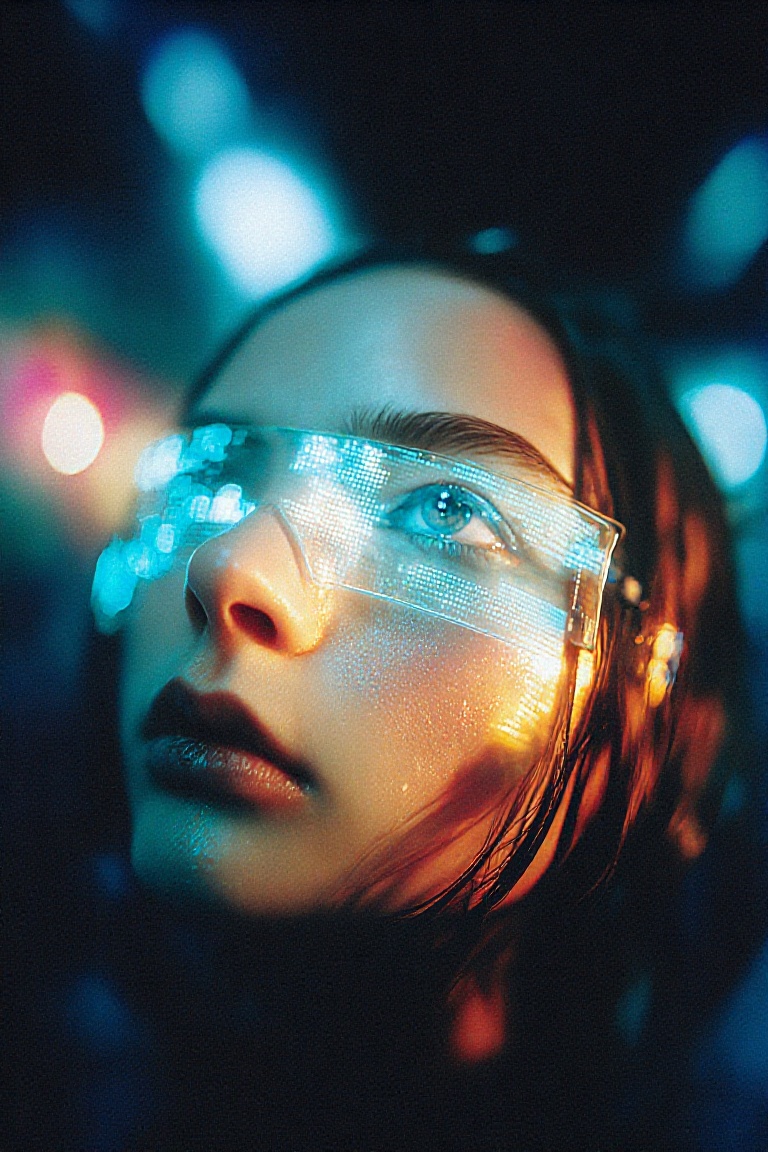 A cinematic close-up portrait of a young woman with dark,  damp hair looking upward in digital transcendence,  her face ti...