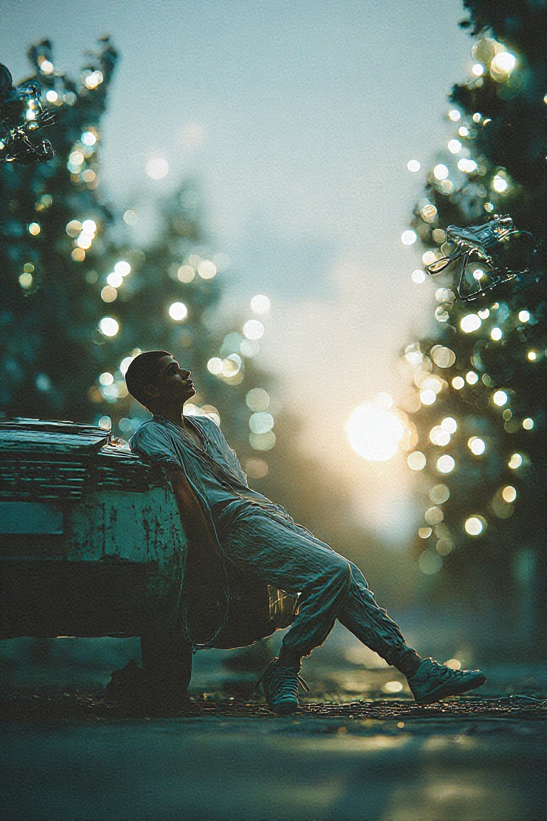 A laid-back young man lounging on the hood of a rusted hover-car parked inside a glowing orchard where trees bear transluc...