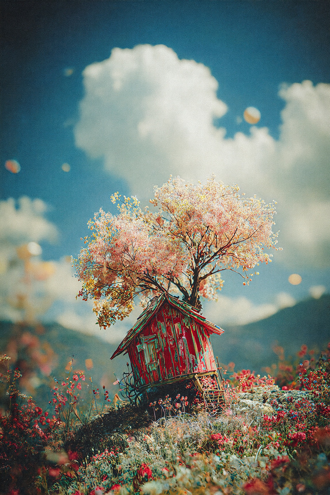 small red weathered wooden house sits on a gentle hill,  slightly tilted,  surrounded by drifting wildflowers and uneven t...
