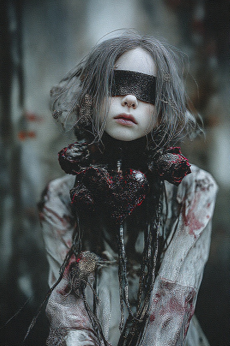 A moody portrait of a mad K-pop idol in a decayed renaissance dress of faded pink lace,  eyes are blind folded with black...