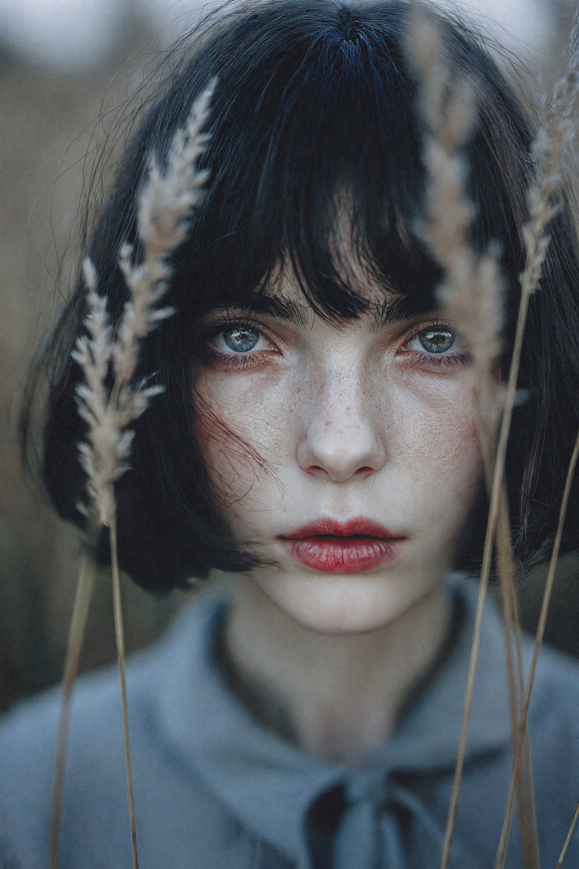 A close-up portrait reveals a young woman with striking blue eyes and freckles,  partially obscured by the delicate fronds...