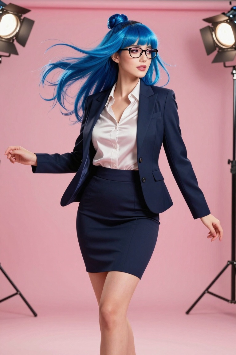 Aria Vian,  Dynamic full body shot of a woman with glossy electric blue hair - a beautiful mix of bright royal blue and de...