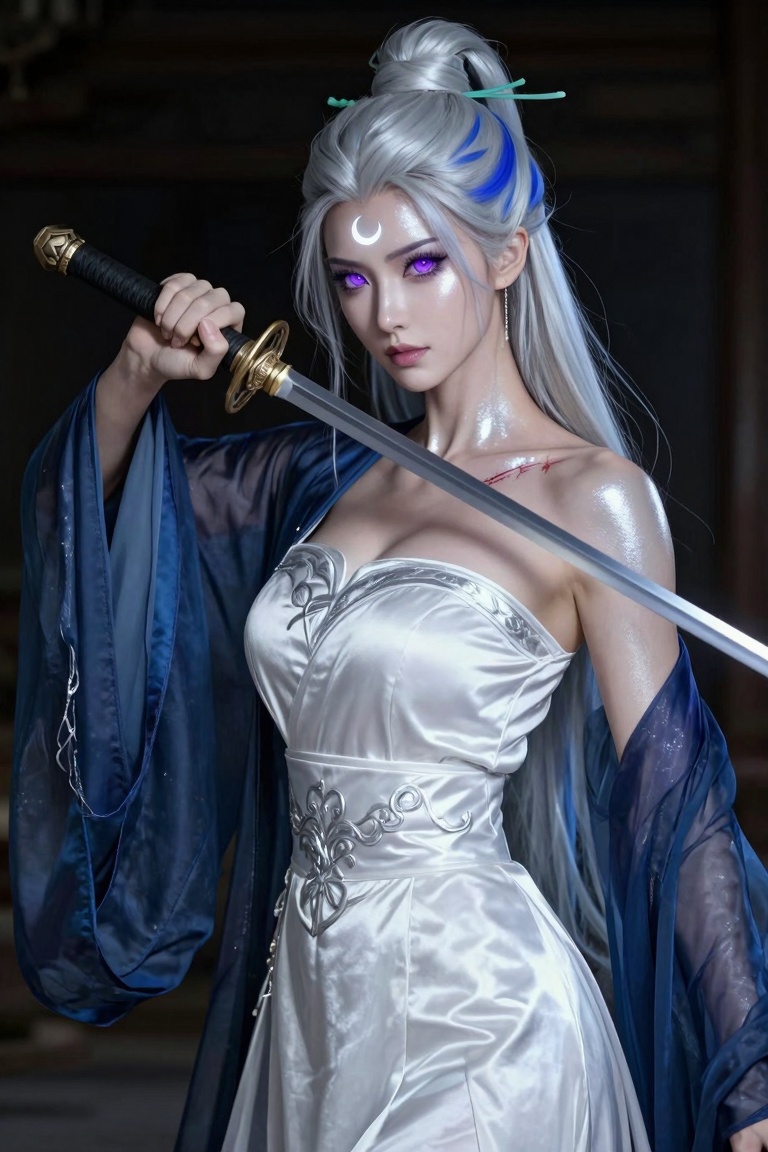 Create a character portrait of a woman standing at 5'8" (172 cm),  with a lithe yet muscular build,  honed by years of swo...