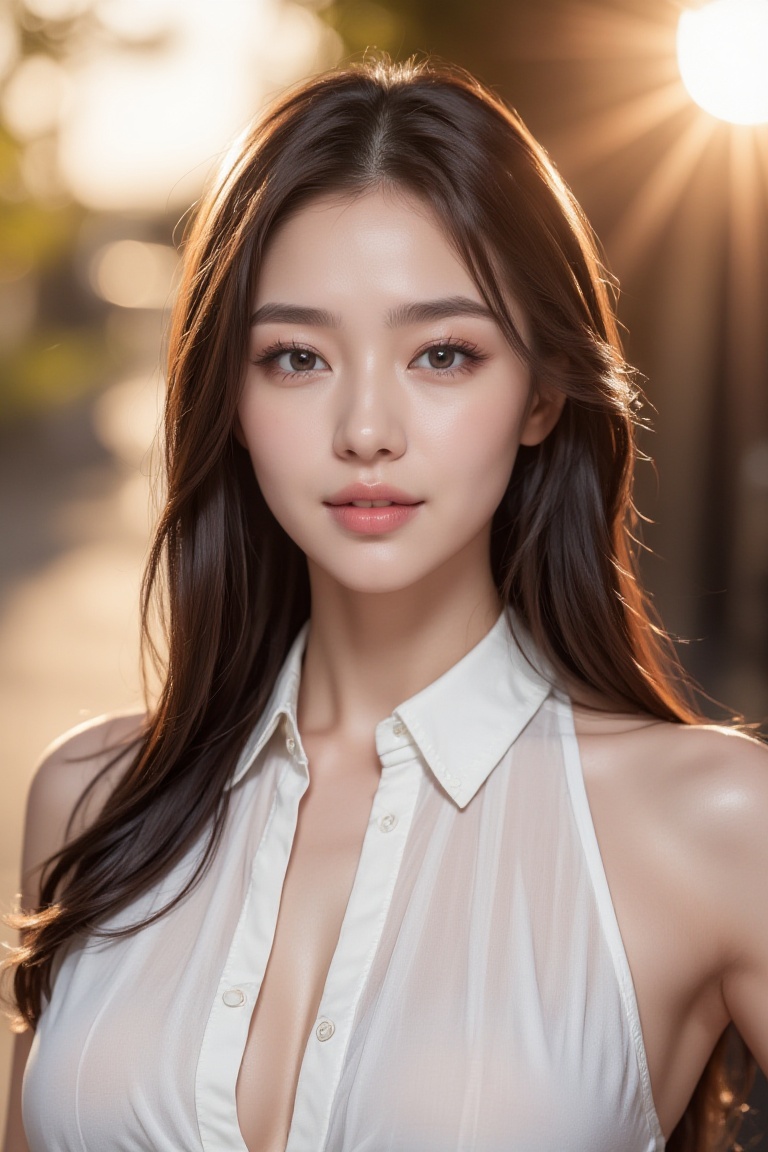 Create a stunning medium shot of a breathtakingly beautiful 24-year-old Japanese woman,  centered in a dramatic golden hou...