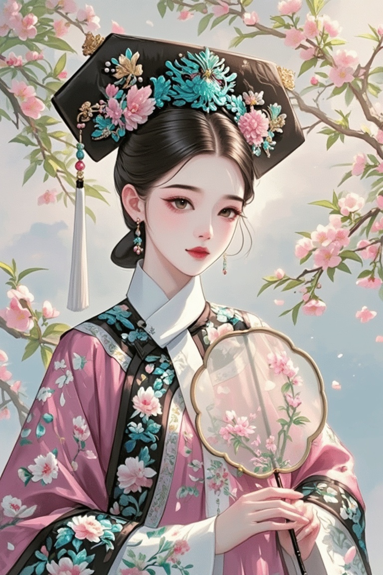 A young woman with delicate features is central in this digital portrait,  dressed in elaborate Qing dynasty-style attire....