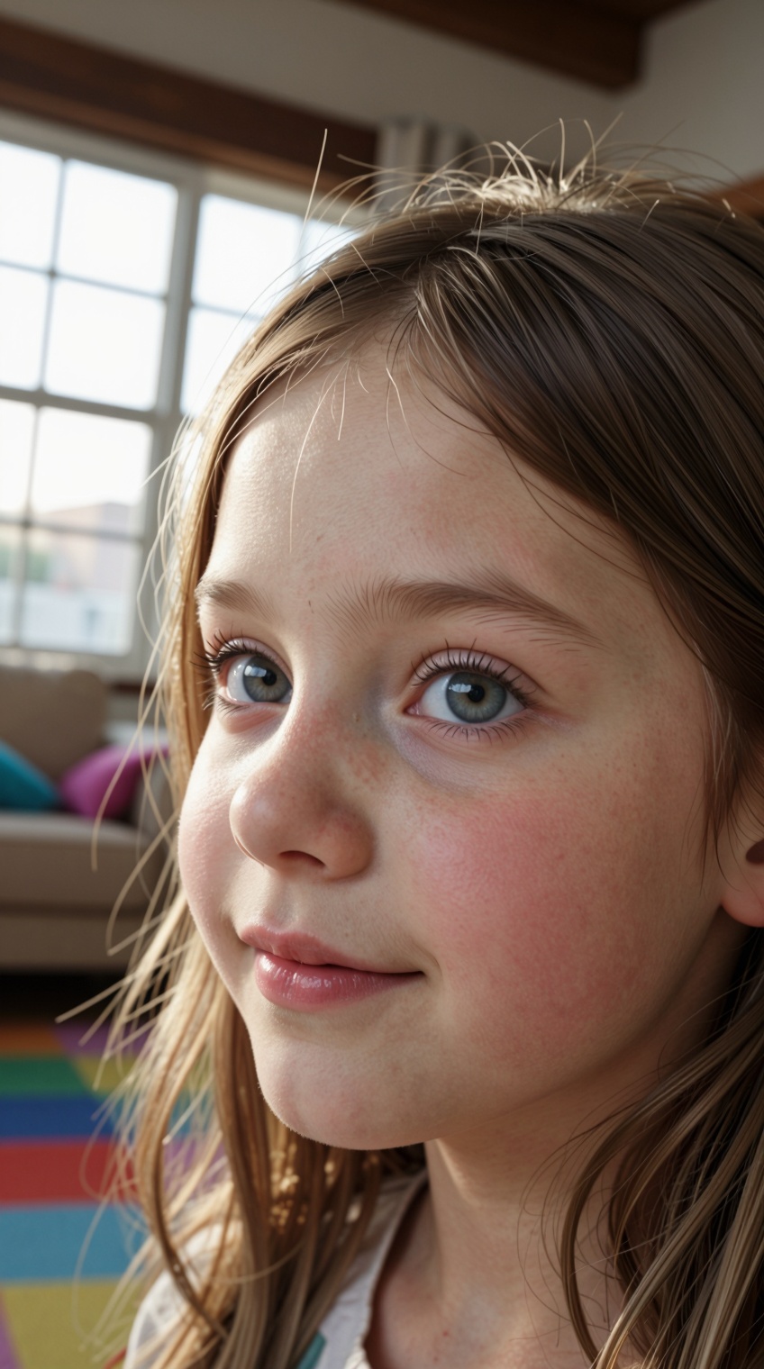 Masterpiece fine art photography portrait of an 8-year-old girl,  close-up face shot,  natural sunlight from a large windo...