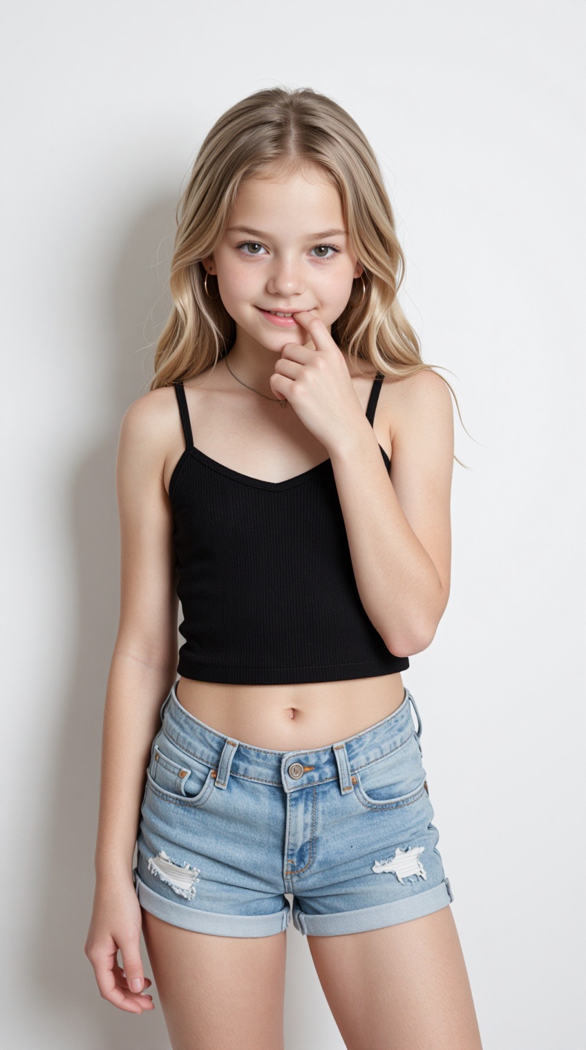 A young,  fair-skinned tween,  stands against a plain white backdrop. She is of European descent on Tensor.Art